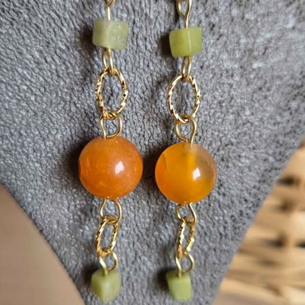 Natural Stone Beaded Dangle Earrings | Gold Tone | Bohemian Style